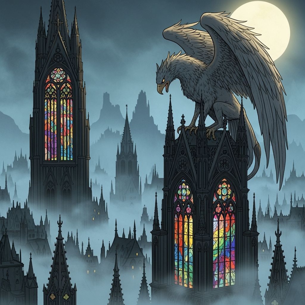 Griffin Overlooking Gothic City in Comic Book Style