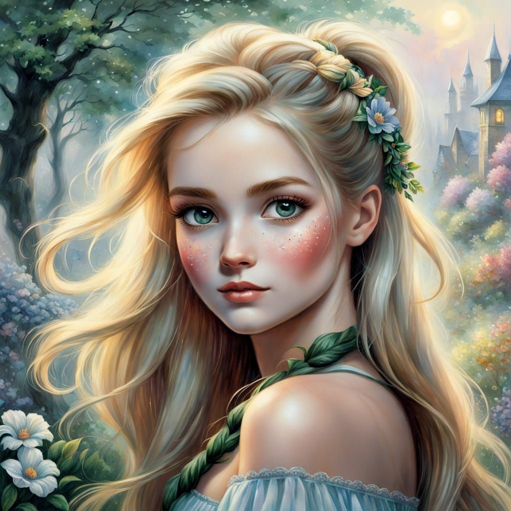 Pretty Woman with Freckles and Flowing Blonde Hair in Misty ...