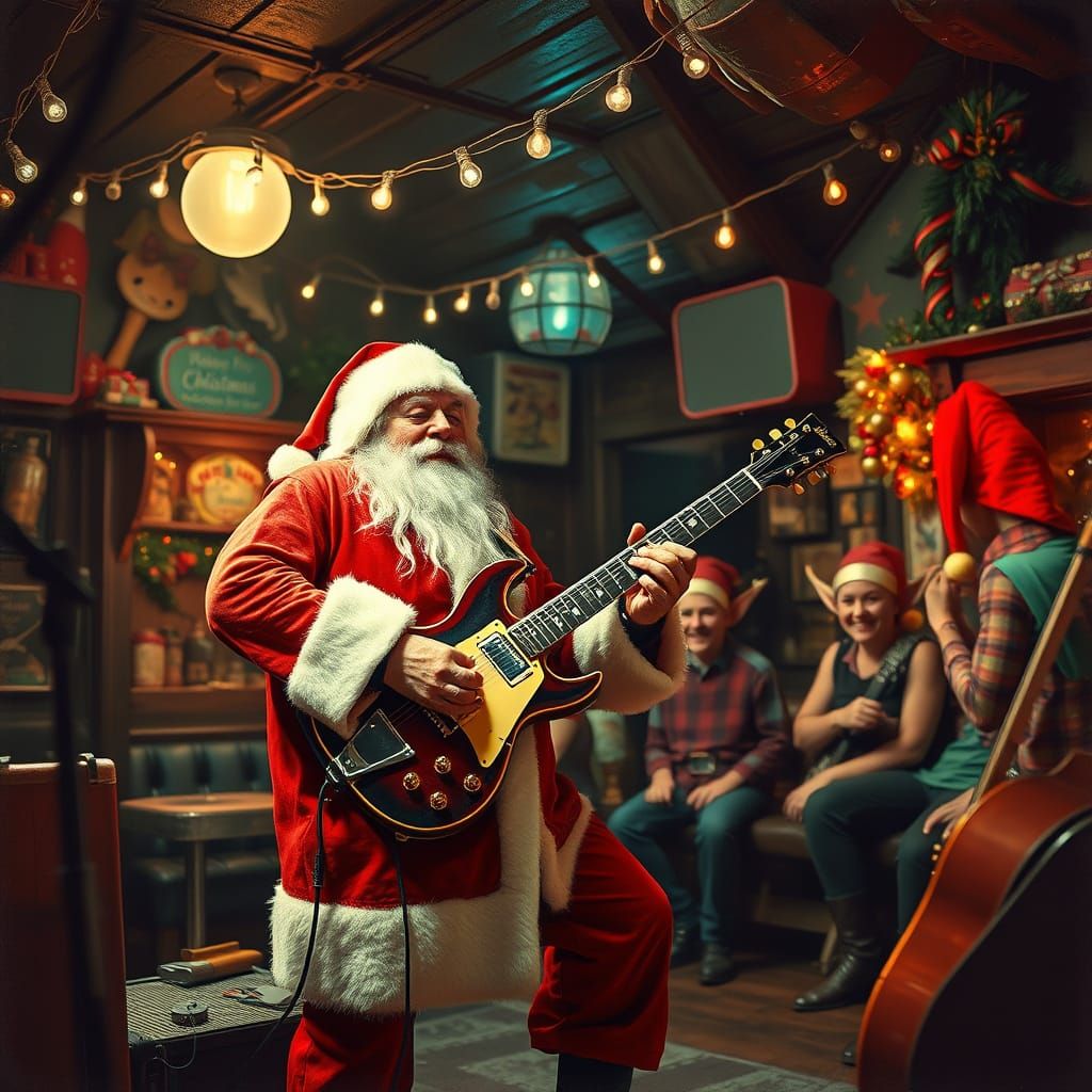 Santa Claus Rocks Out on Electric Guitar in Festive Bar