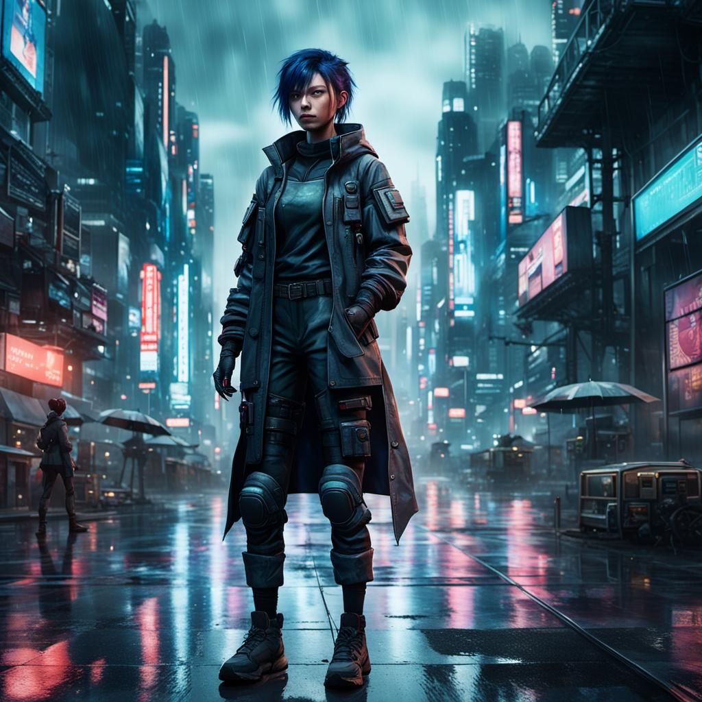 Cyberpunk Female Protagonist in Rainy Cityscape