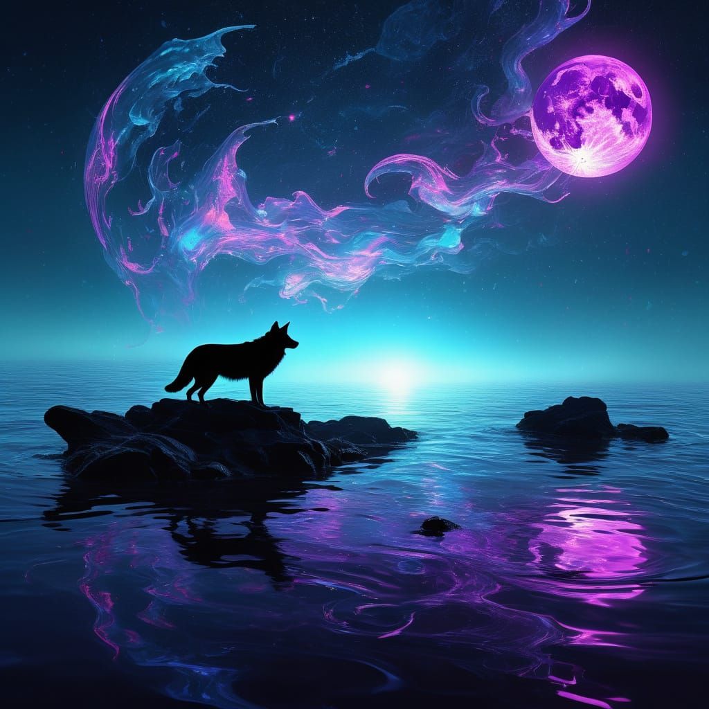 Ethereal Wolves Howling at Cosmic Moon, Surrealist Art