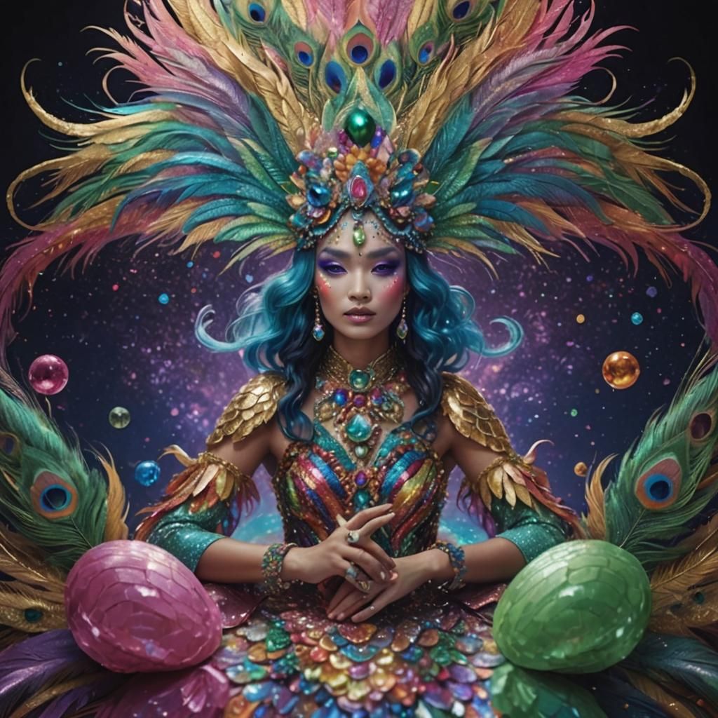 Rainbow Dragon Woman in Sugary Wonderland: Digital Art