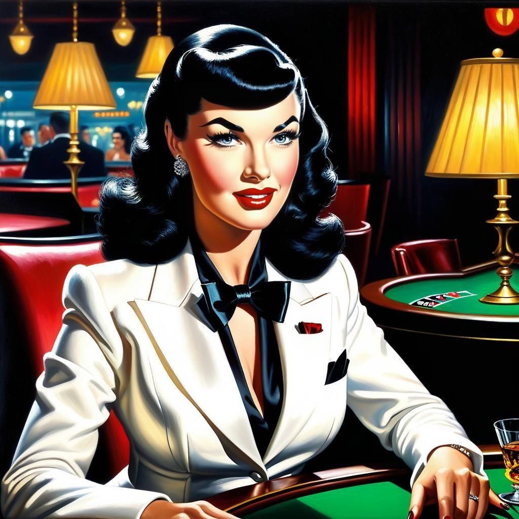 Bettie Page Portrait at Blackjack Table as Oil Painting