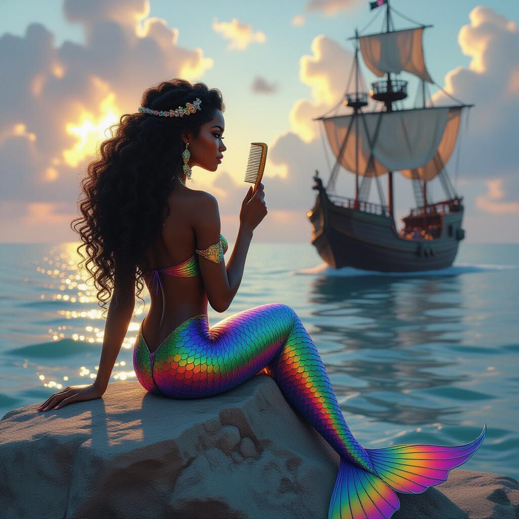 Rainbow Mermaid Gazing at a Pirate Ship