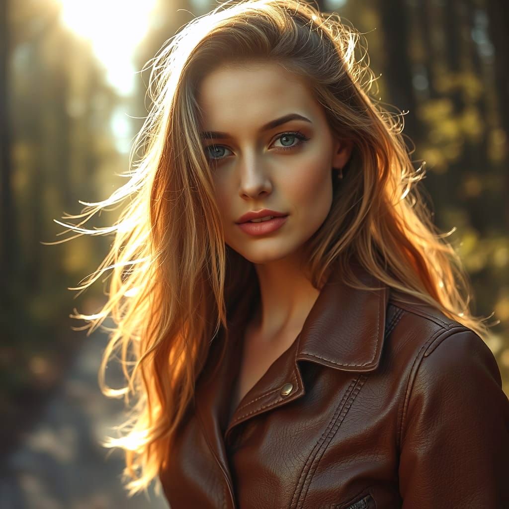 Seductive Woman in Leather Suit on Forest Path