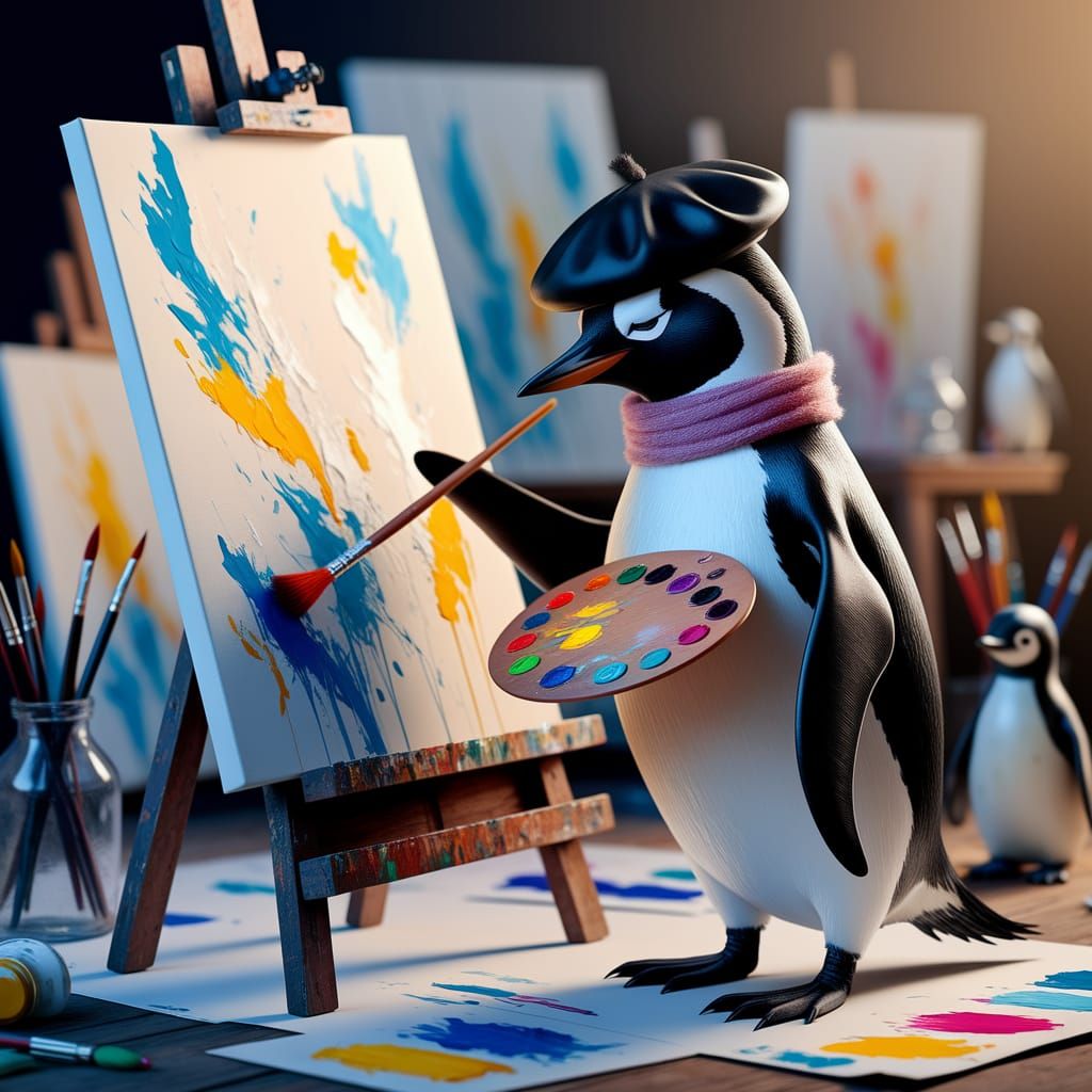 Artistic Penguin Painting in Studio, Bresson Style
