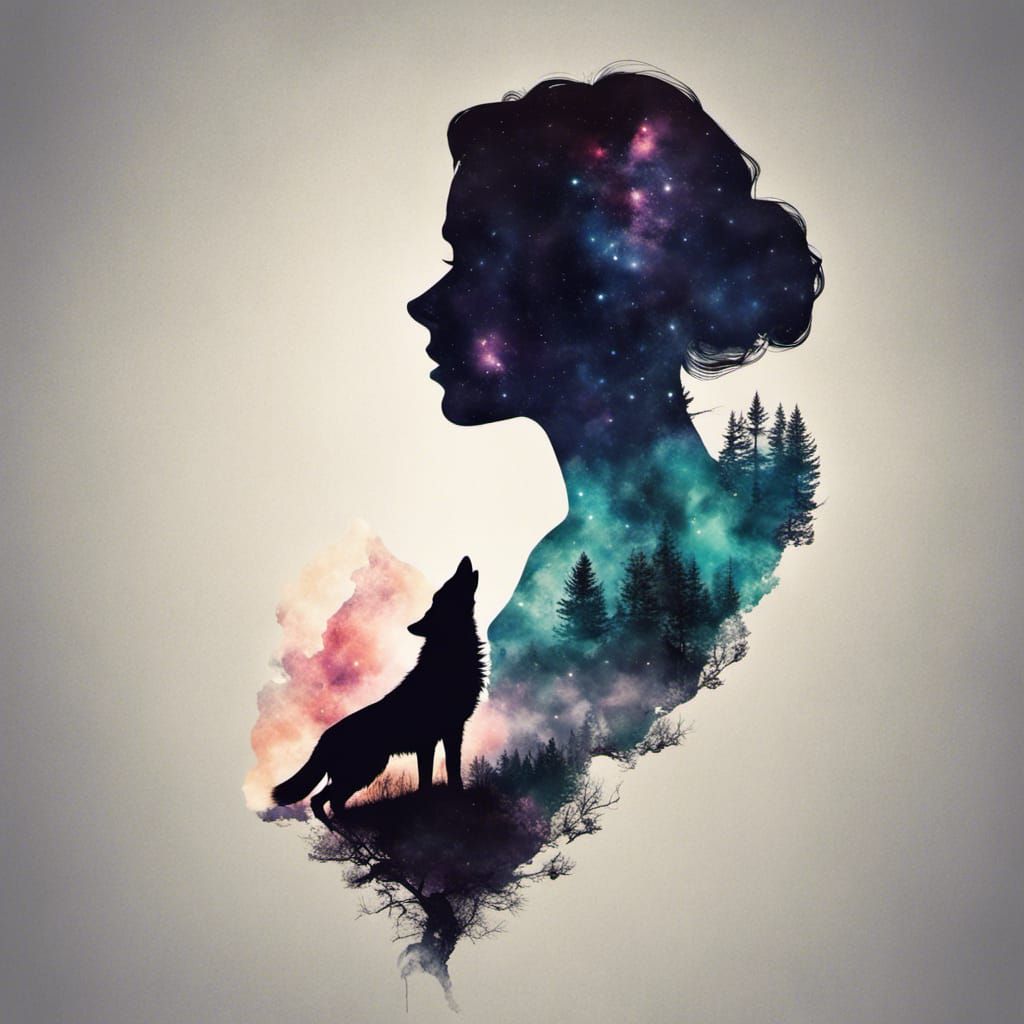 Double Exposure Silhouette Art: Woman, Wolf, Nebula