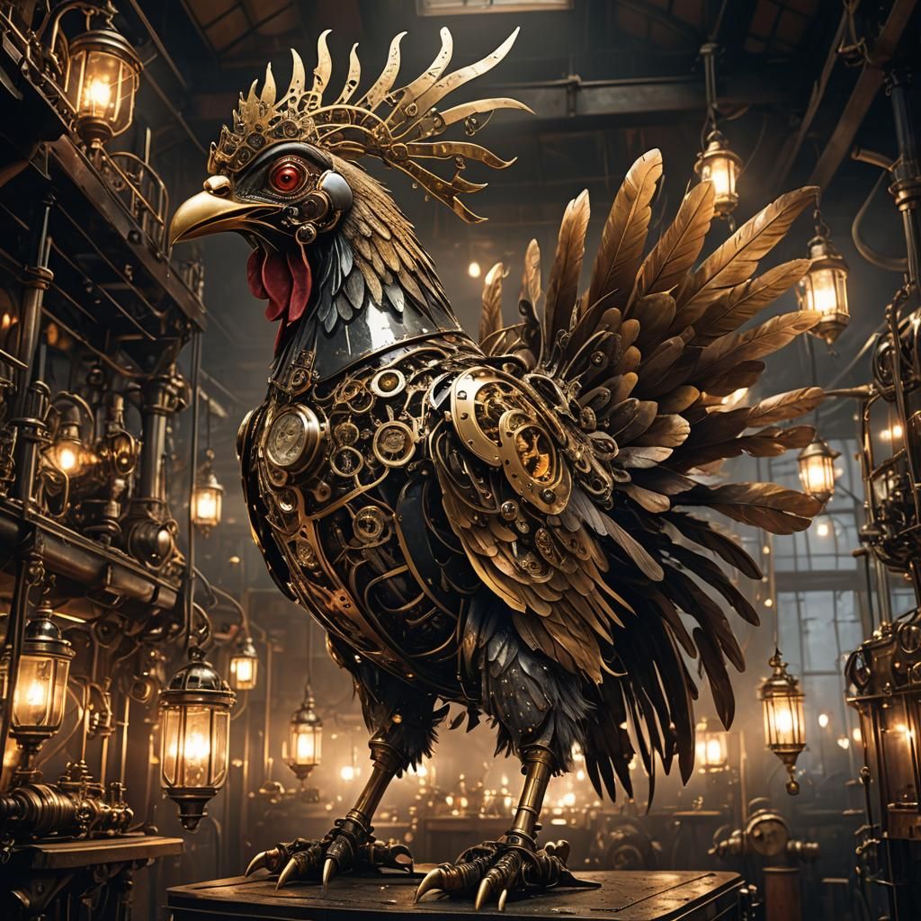 Steampunk Brass Chicken in a Dimly Lit Workshop