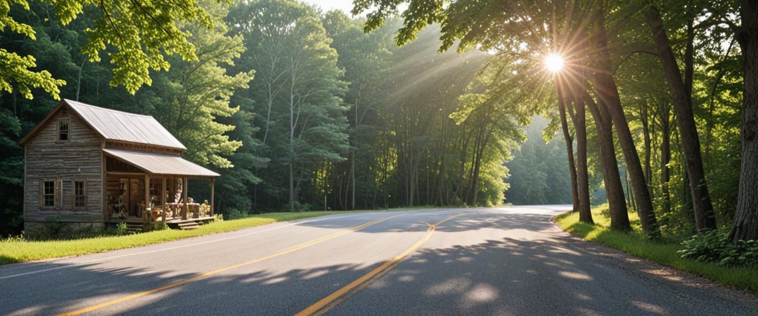 Rustic General Store on Winding Road in Summertime Sunbeams