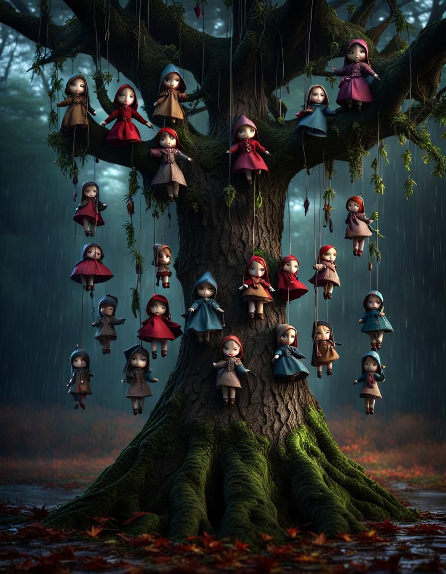 Cursed Dolls Tied to a Tree in Rain