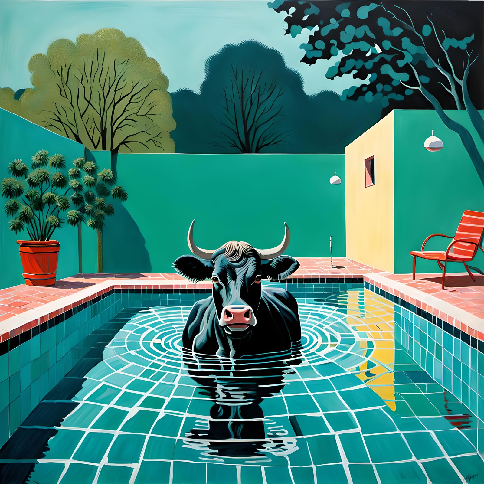 Cow at Swimming Pool: Comic Noir Expressionism