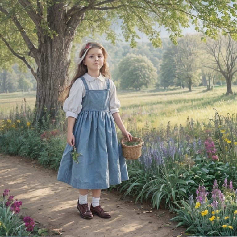 Little Girl Stands by Old Fence on Sunny Summer Day