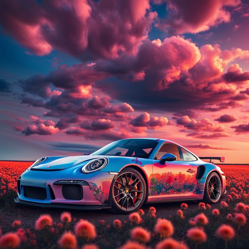 Hyperrealistic Porsche in a Magical Flowery Landscape
