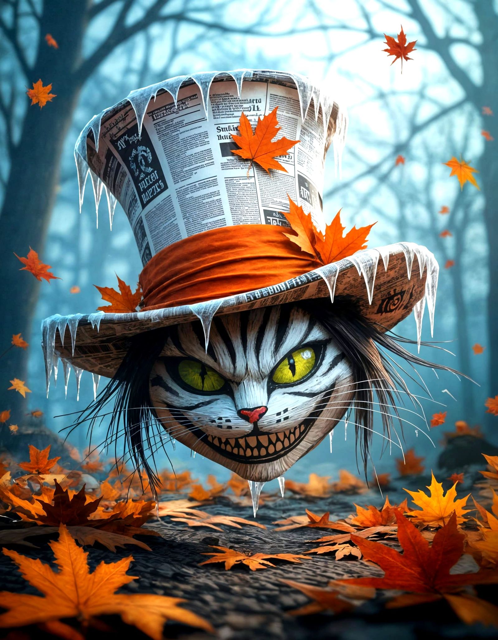 Mad Hatter Hat Covered in Ice and Autumn Leaves with Cheshir...