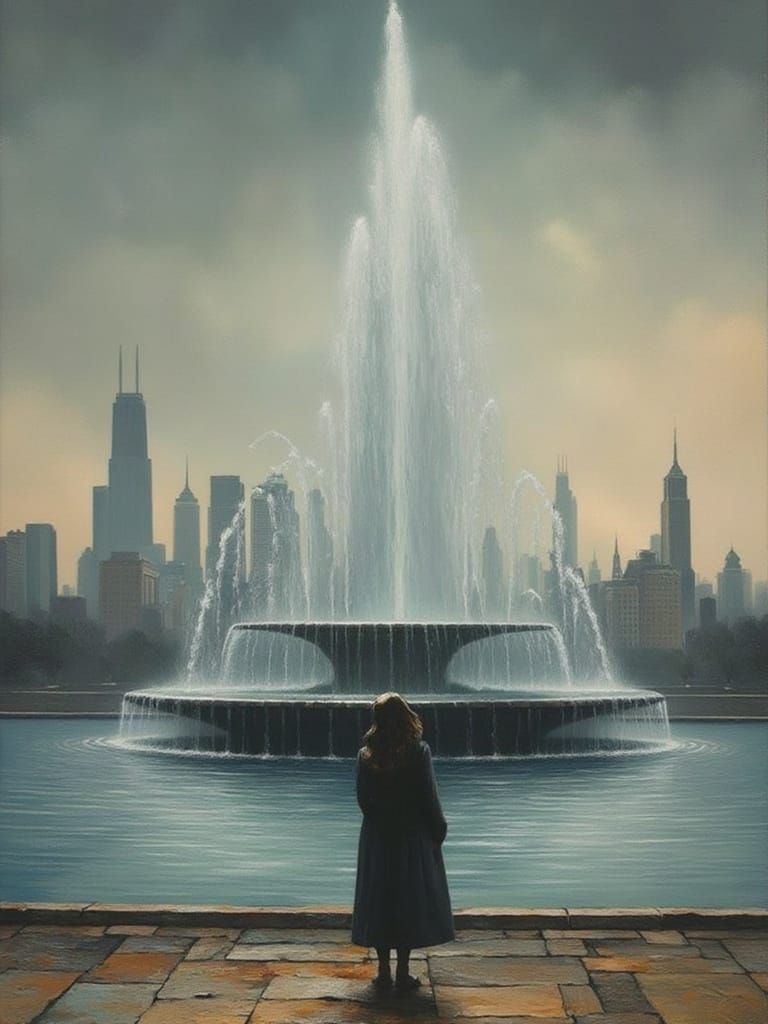 Buckingham Fountain in Hopper Style, Somber Sky