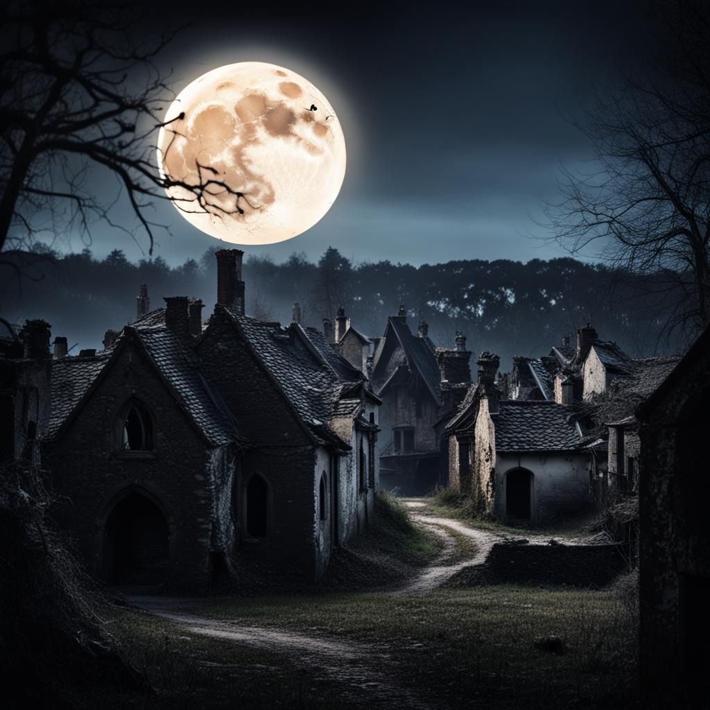 Eerie Gothic Village Under a Full Moon
