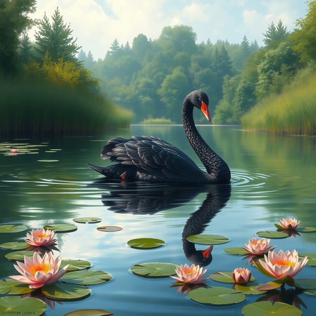 Black Swan Gliding on River in Detailed Realism