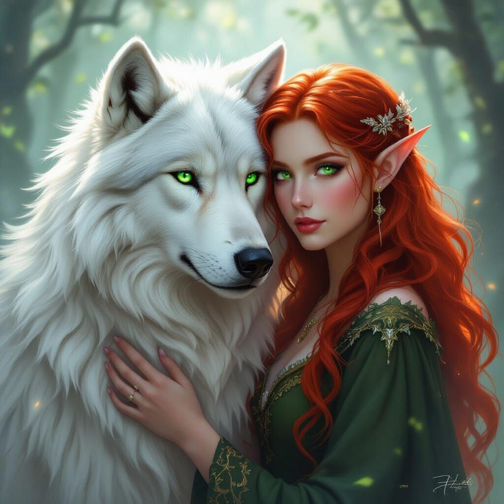 Wolf King and Red-Haired Elf in Misty Forest