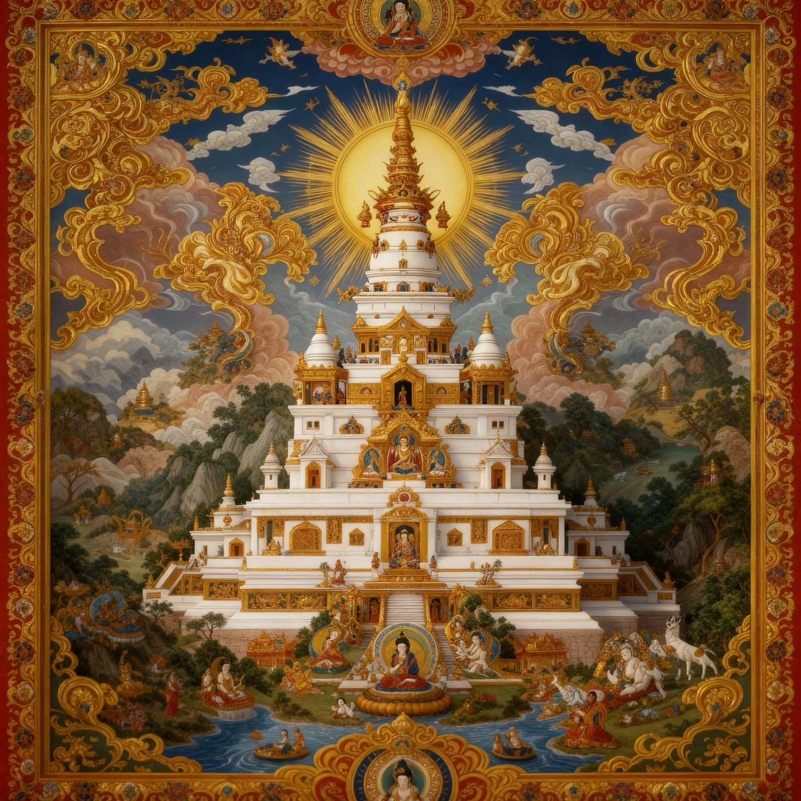 Vibrant Tibetan Thangka Painting of Baita Si Temple