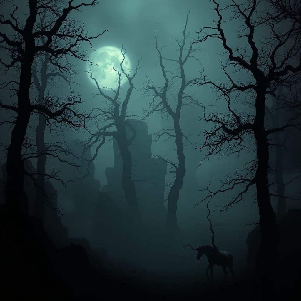 Dark Forest Illuminated by Moonlit Glints
