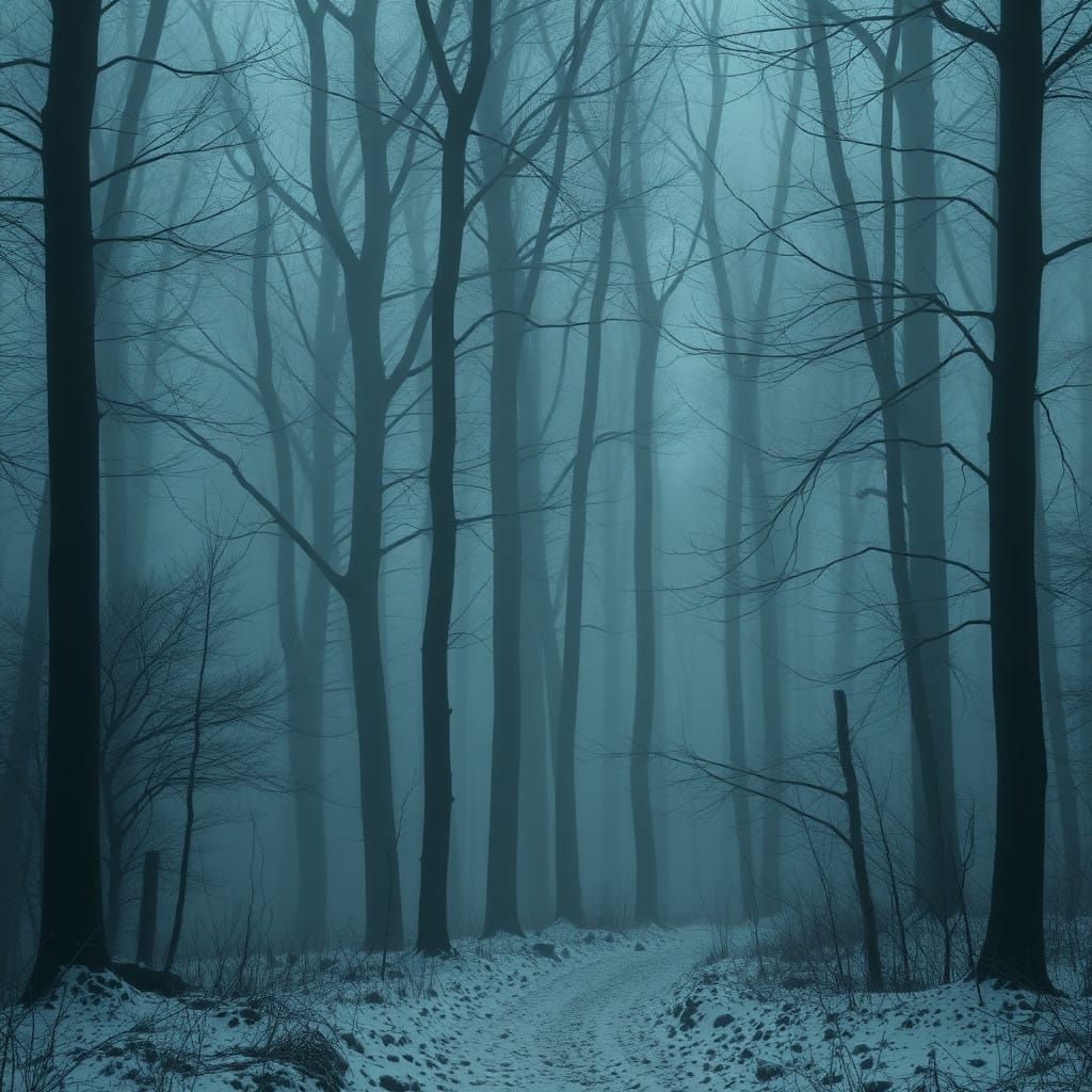 Mysterious Forest Shrouded in Cold Misty Fog at Night