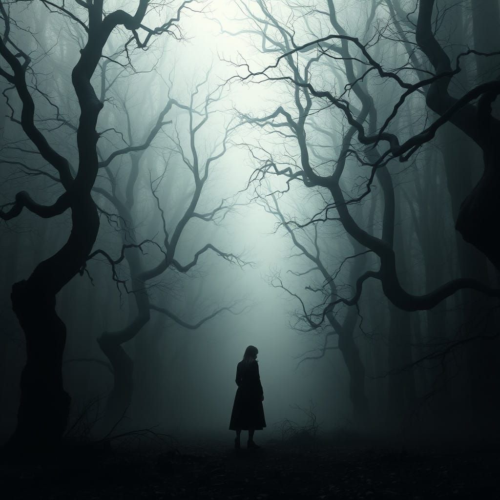 Ethereal Woman in a Haunting, Misty Forest Landscape
