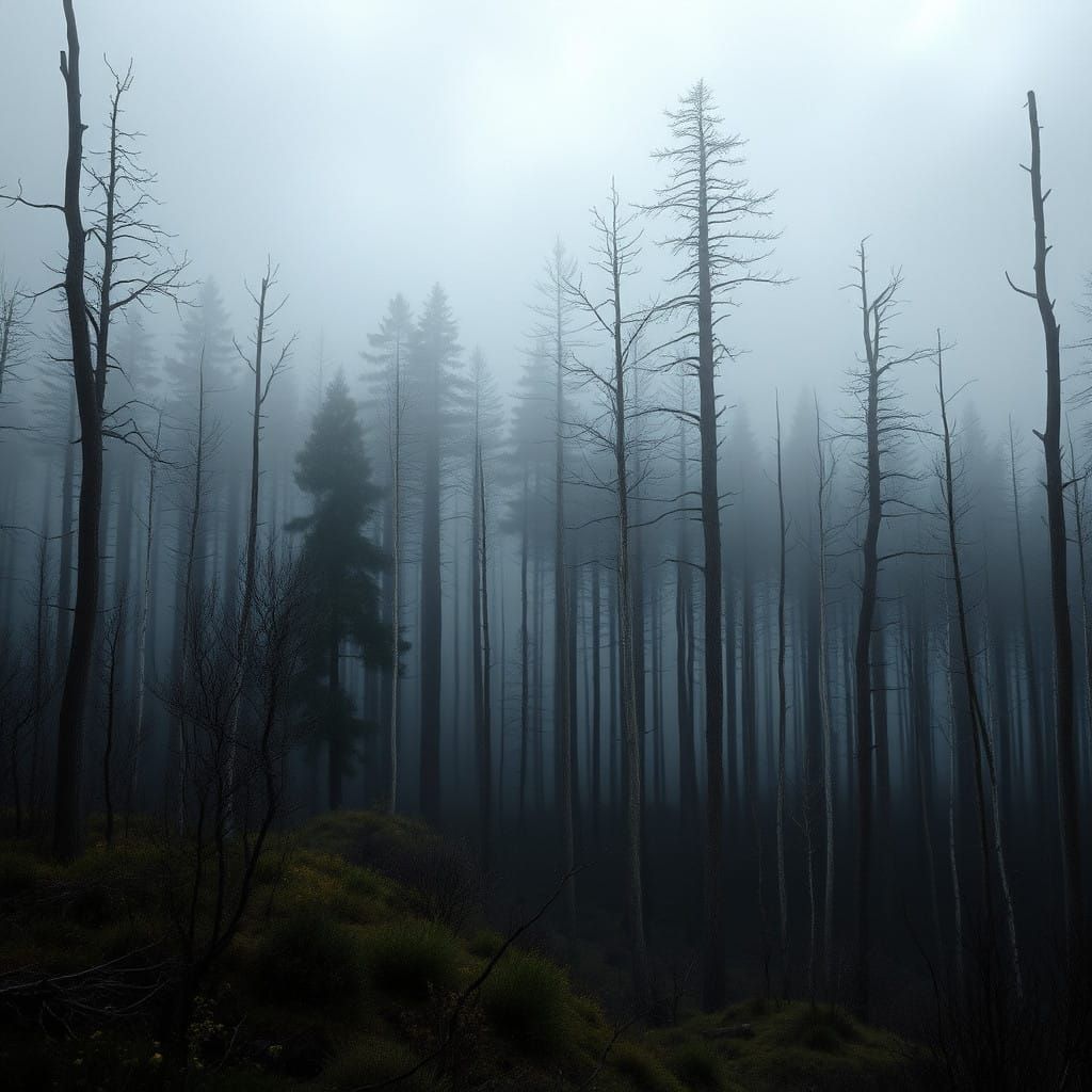 Surreal Forest Landscape in Dark, Mysterious Hues