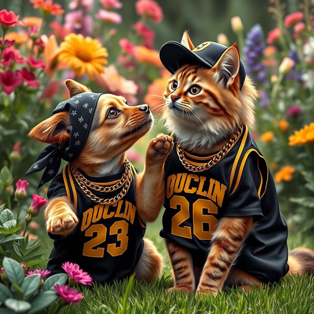 Hip-Hop Pets in a Lush Garden, Photorealistic Style