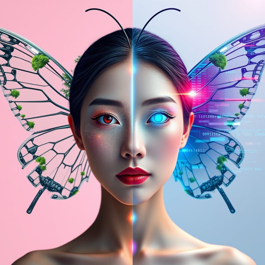 Symmetrical Dual-Portrait of a Cybernetic Goddess