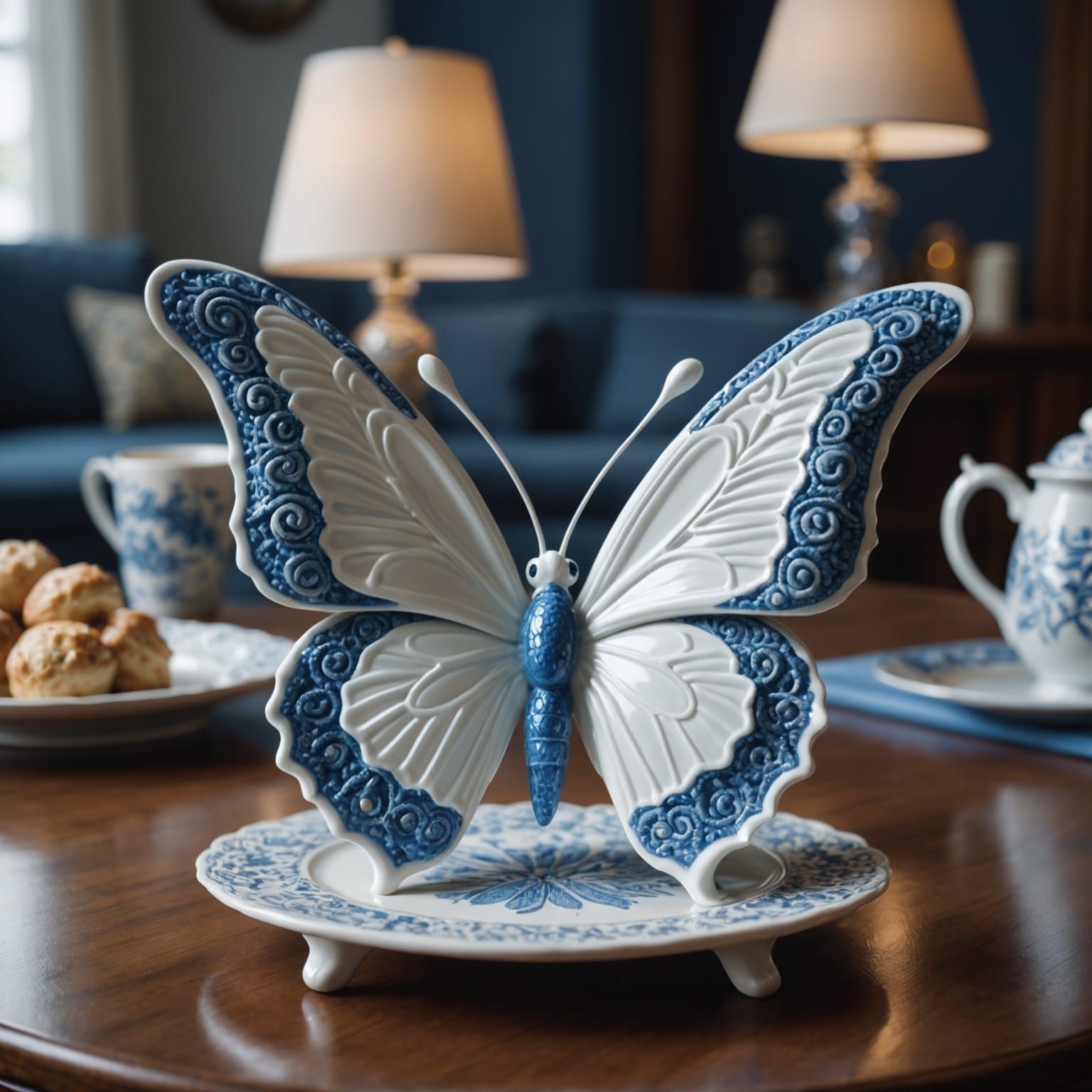 Ceramic Butterfly Figurine with Blue Filigree