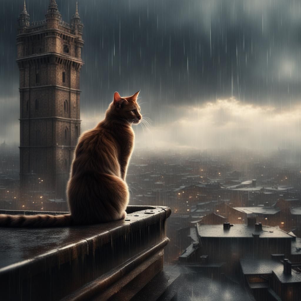 Cat on Tower in Rain: Digital Matte Painting