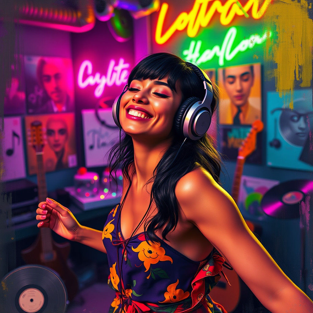 Woman Dancing in Neon Lights, Basquiat Style