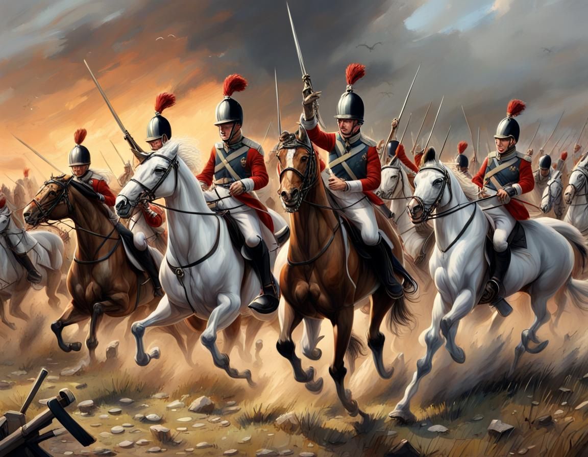 Scots Greys Charge at Sunset: Hyperrealistic Splash Art