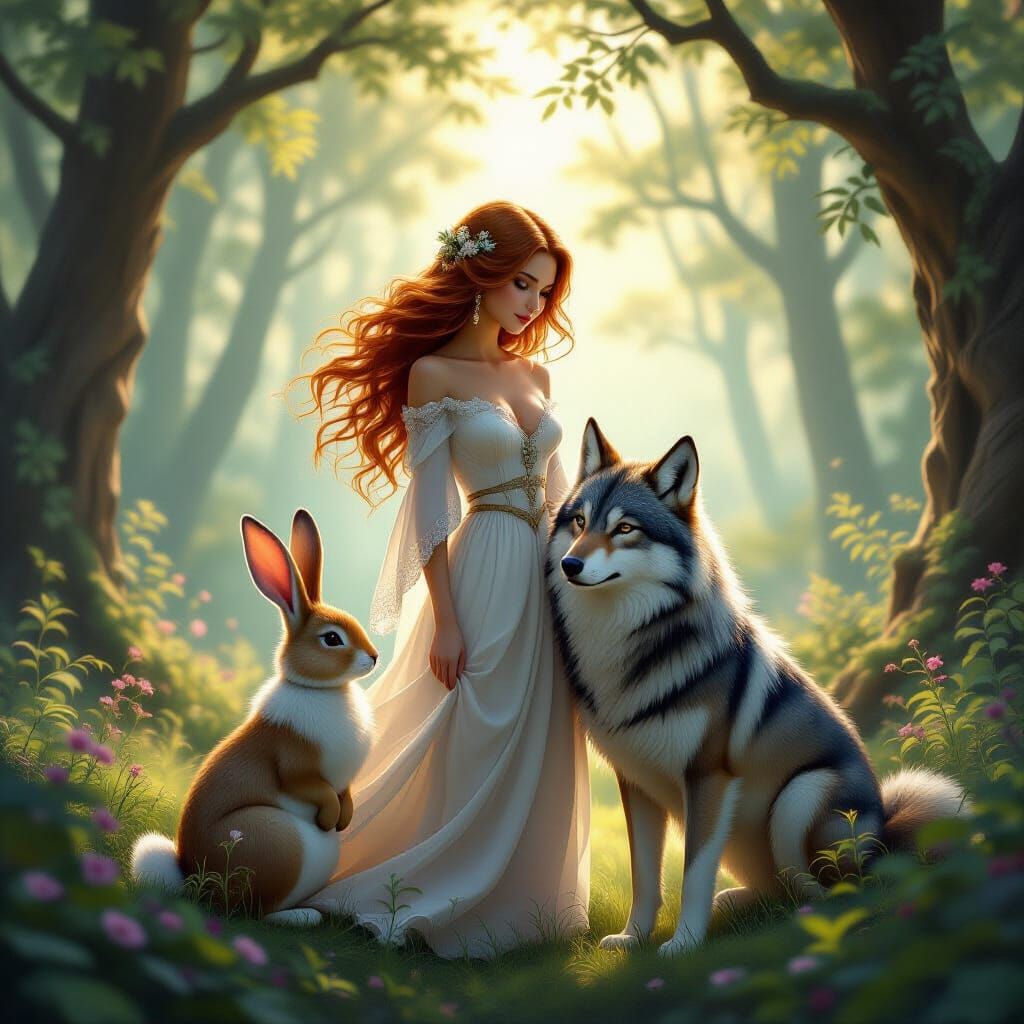 Ethereal Forest Scene with Woman, Bunny, and Wolf