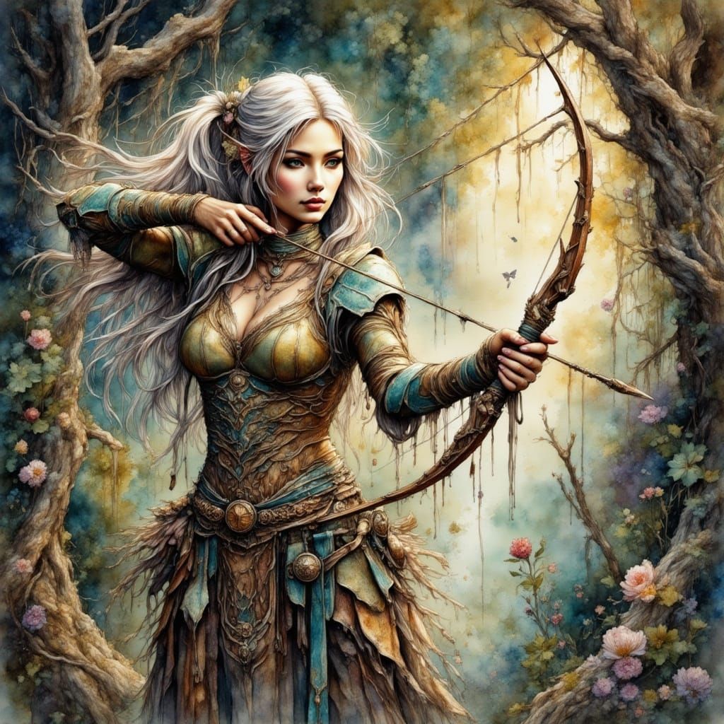 Ethereal Elven Warrior in Dark Jungle Watercolor