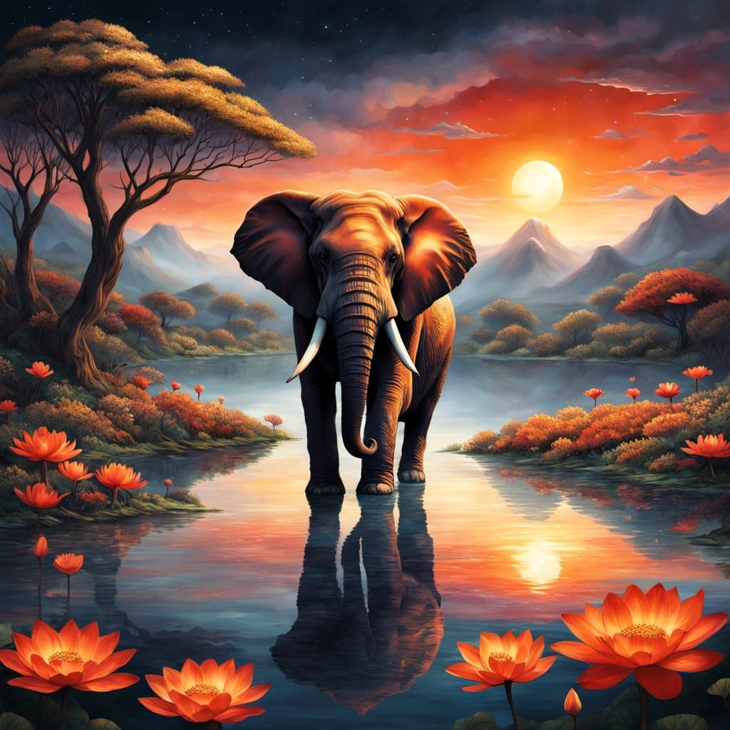 Surreal African Elephant in Dreamlike Landscape
