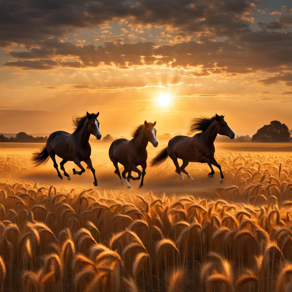 Horses Galloping in Golden Wheat Field at Sunset