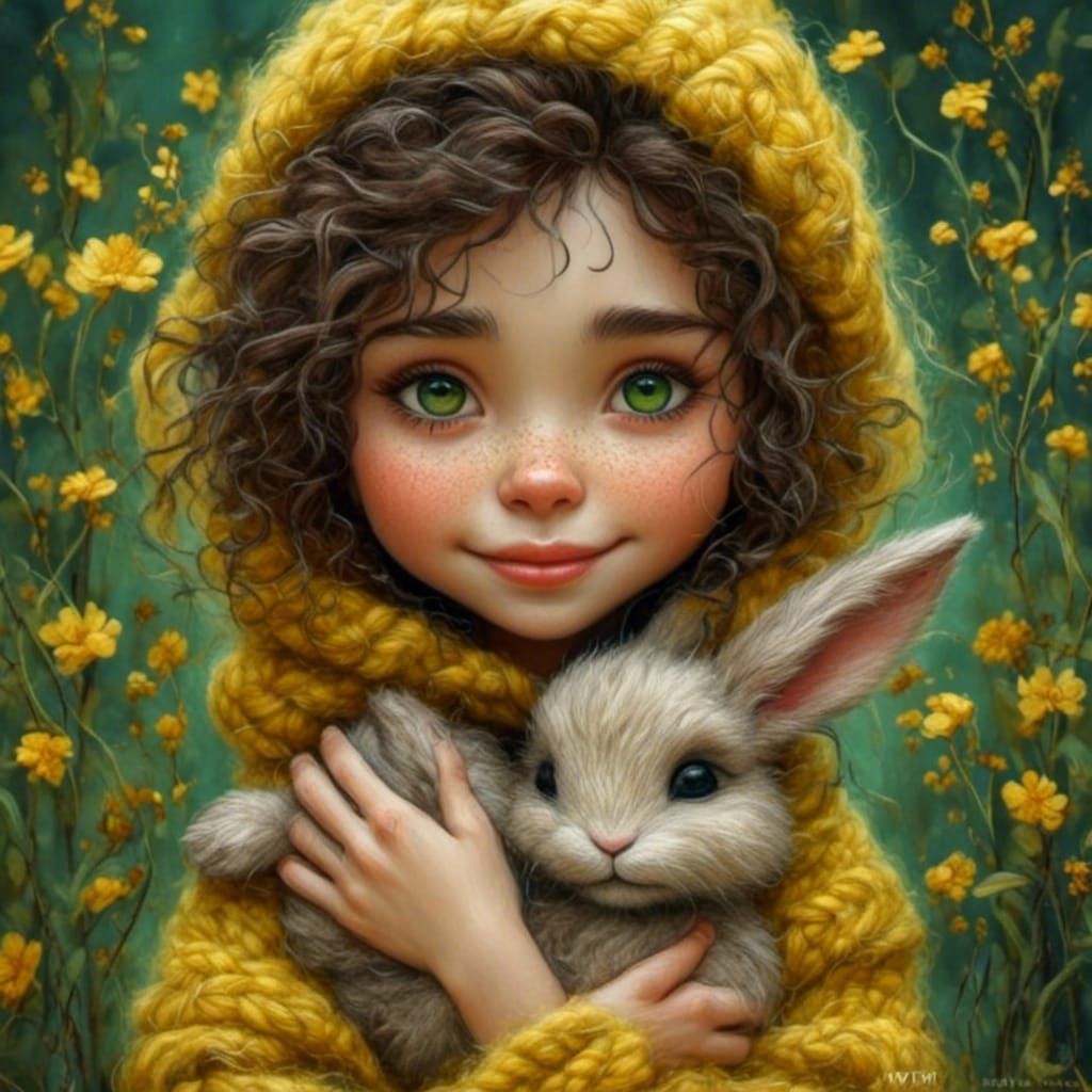 Cute Girl with Woolen Bunny Portrait