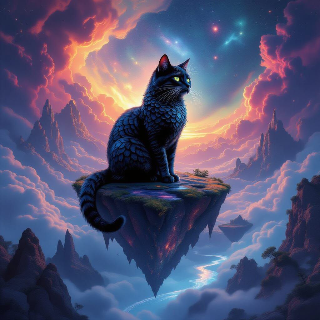 Obsidian Scaled Cat on Floating Island in Nebula