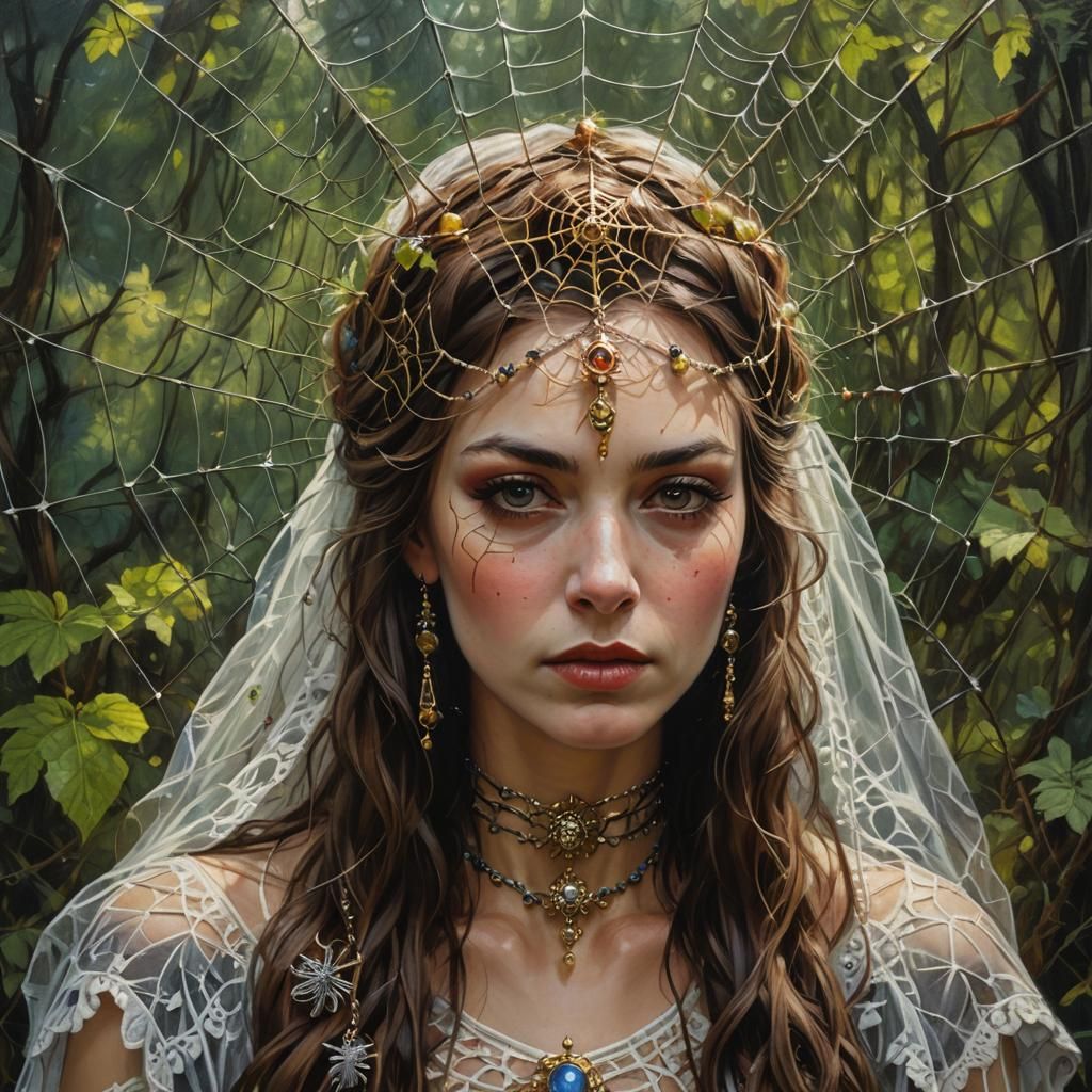 Goddess with Spider Web Headdress in Oil Painting Style
