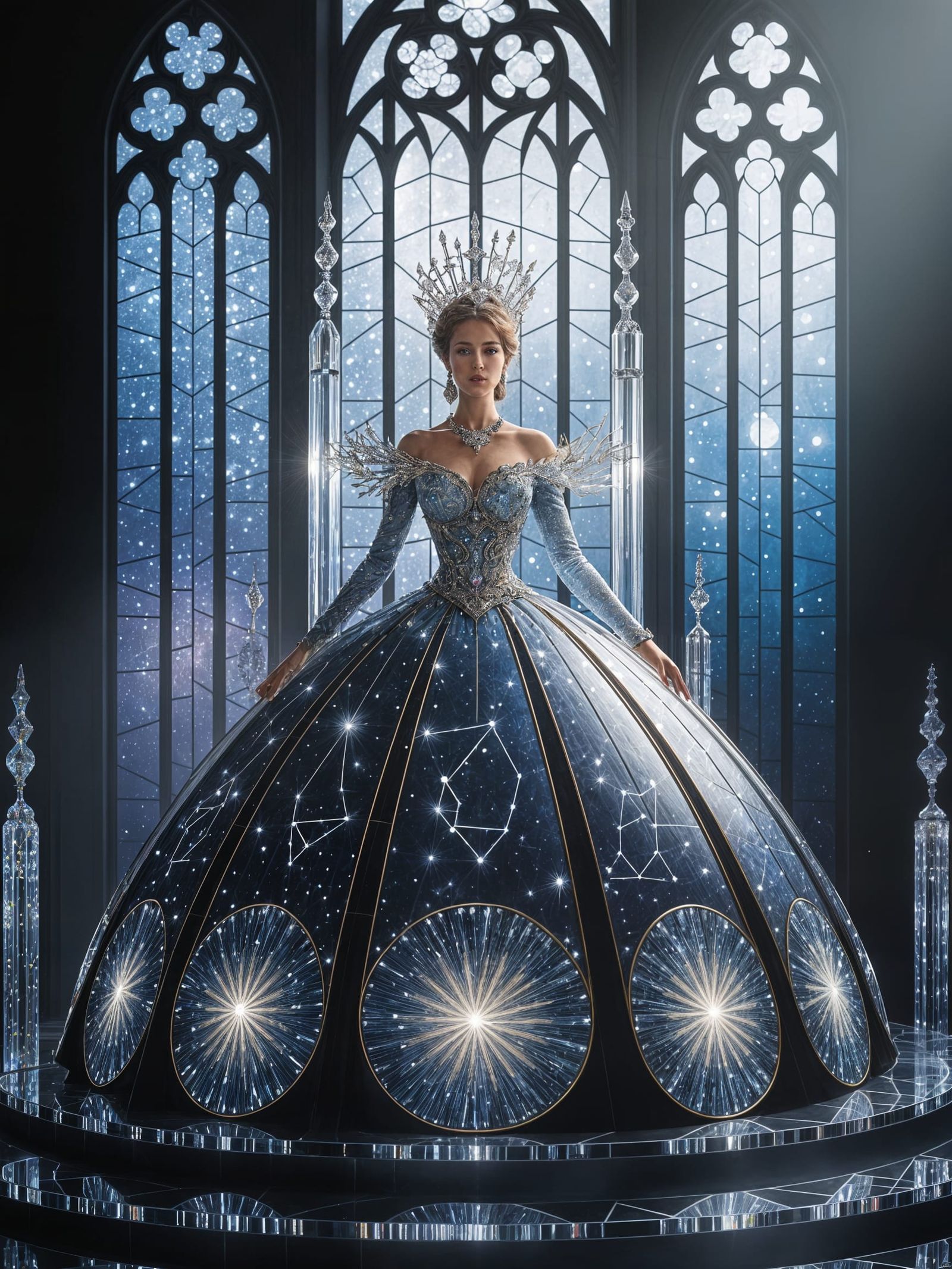 Regal Queen on Crystalline Throne in Stained Glass Gown
