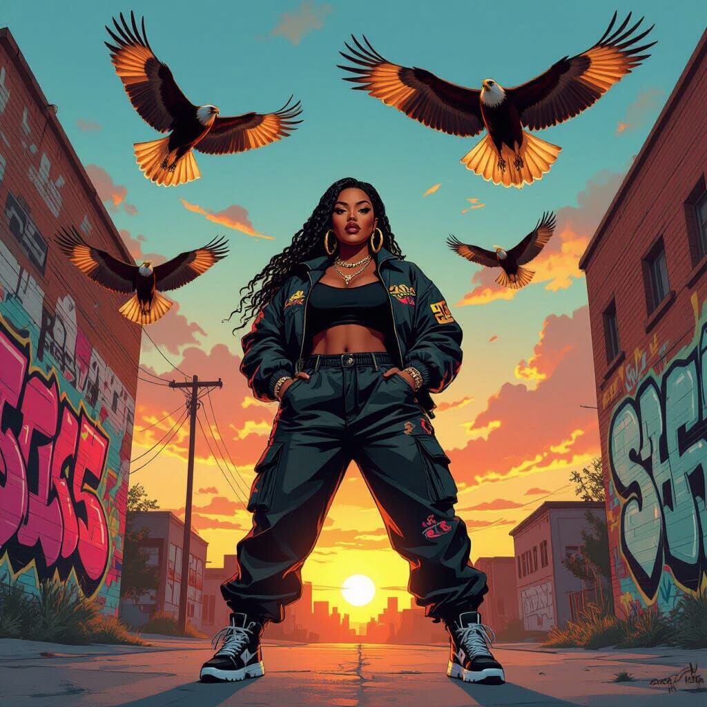 Plus-Size Black Rapper with Hawks at Sunset