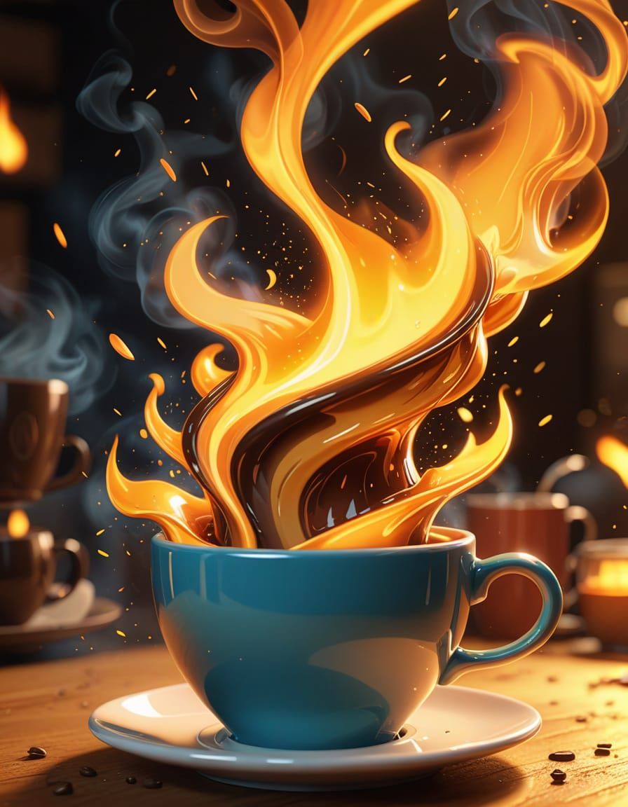 Burning Coffee Cup in Pixar Cartoon Style
