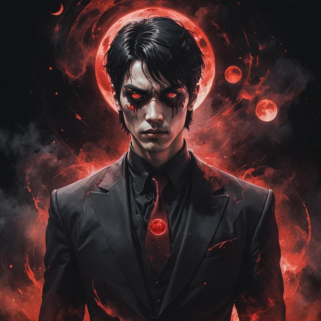 Eerie Young Man in Gothic Suit with Red Moon
