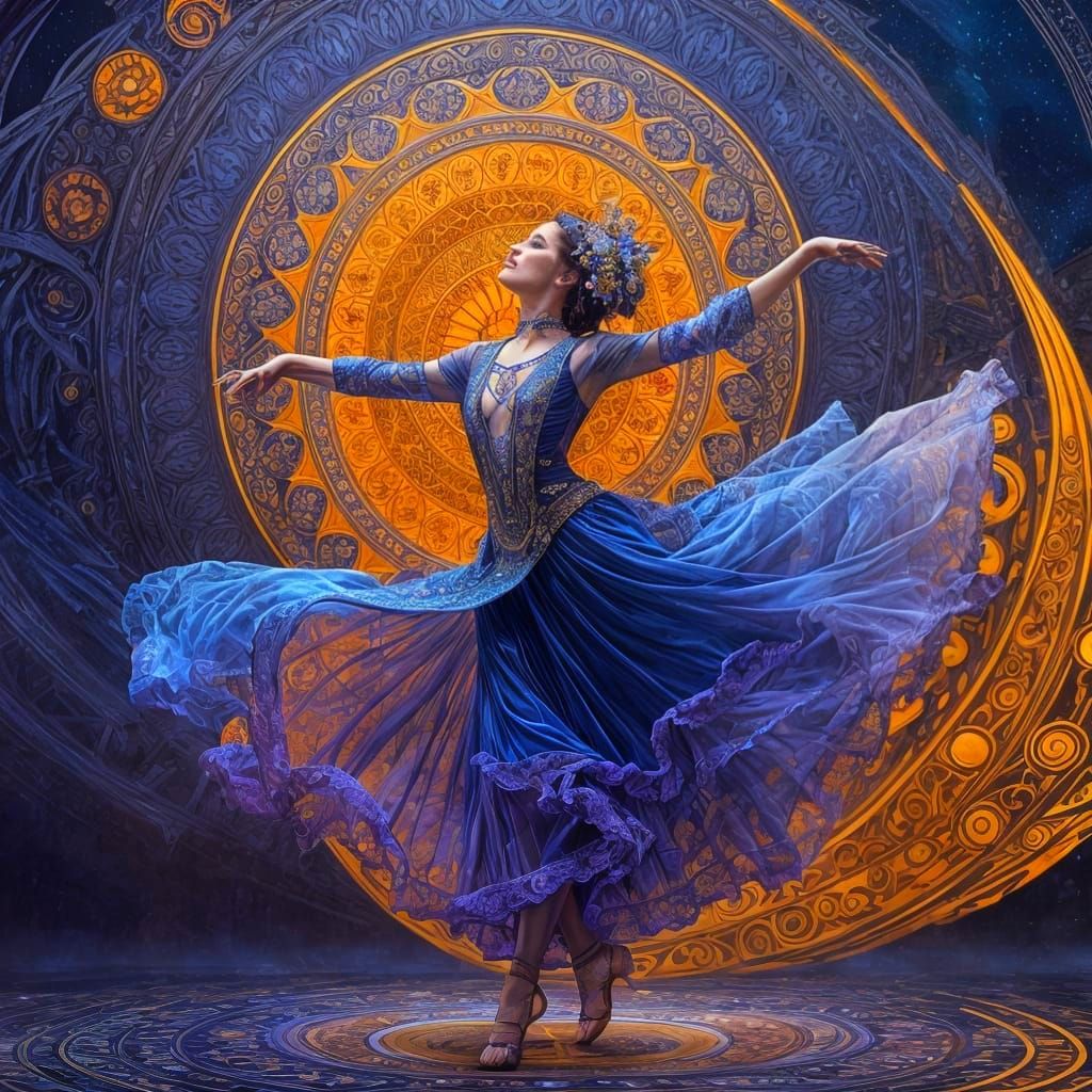 Art Nouveau Dancer in Motion with Fractal Curves