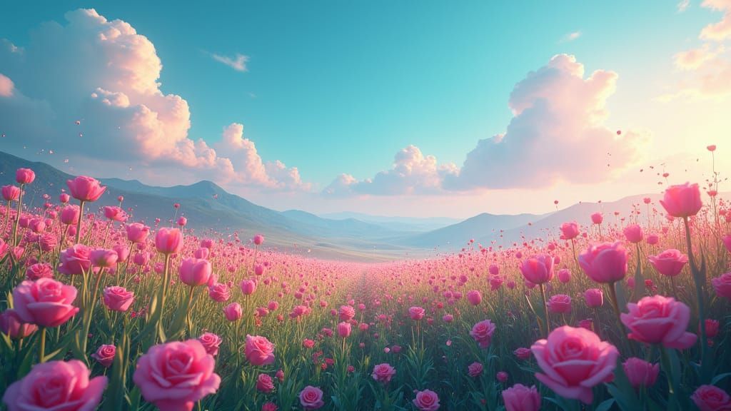 Dreamy Meadow Blooms in Neon Teal Hues, as Soft Breeze Sways...