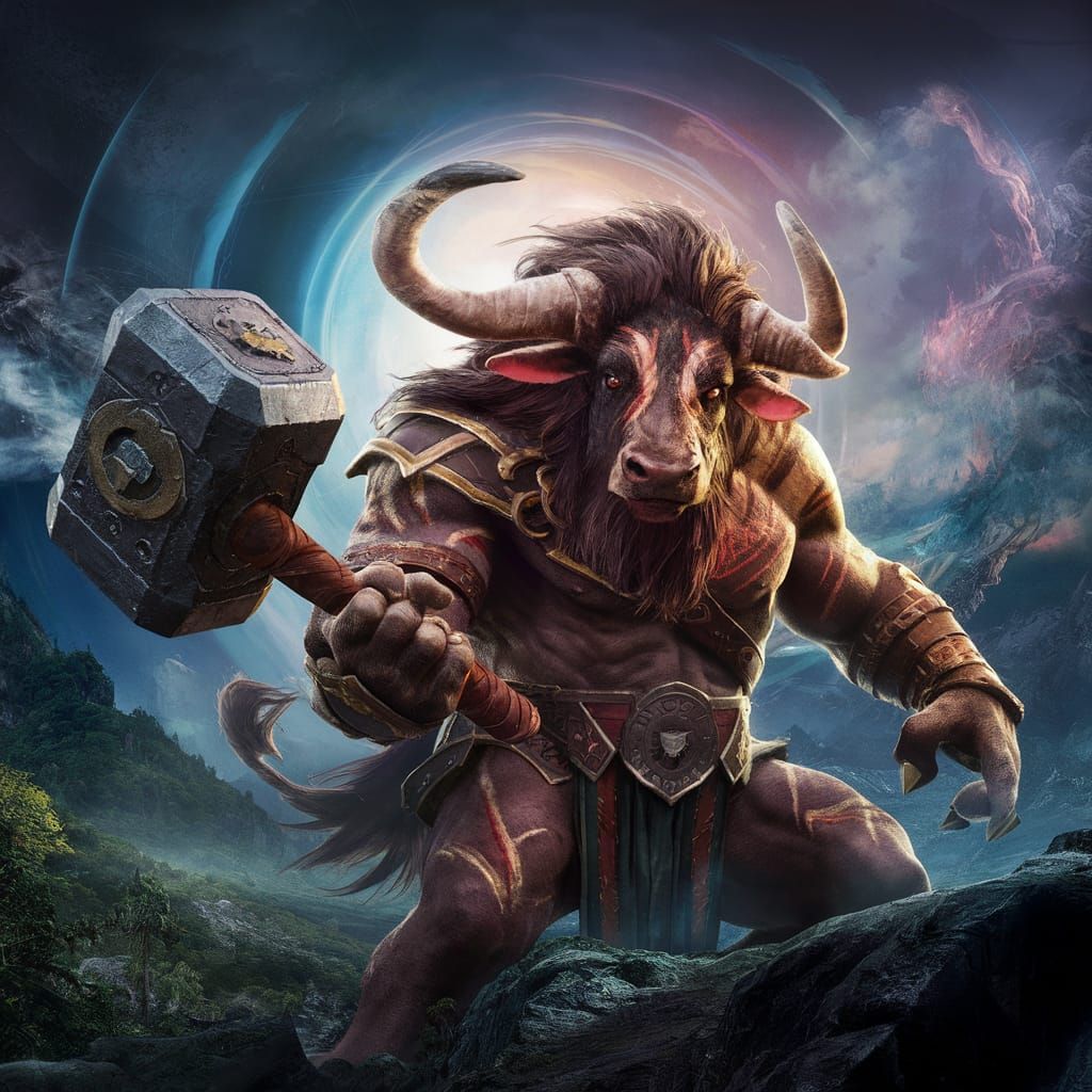 Fearsome Minotaur with Hammer in Mystical Landscape