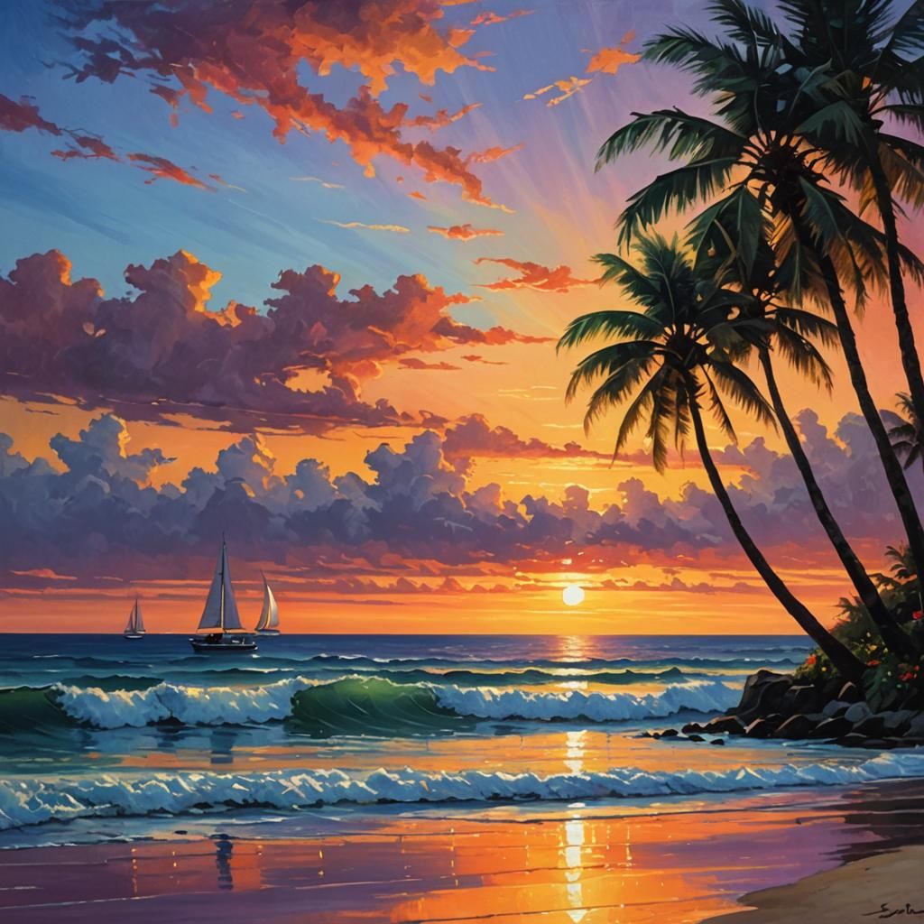 Vibrant Sunset Over Serene Beach with Sailboat