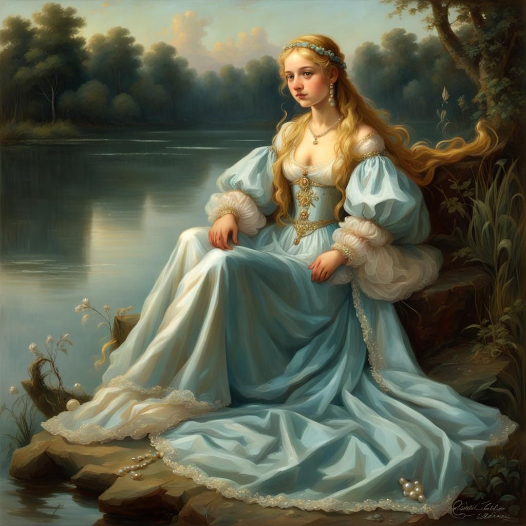 Renaissance Girl in Silver Gown With Pearls