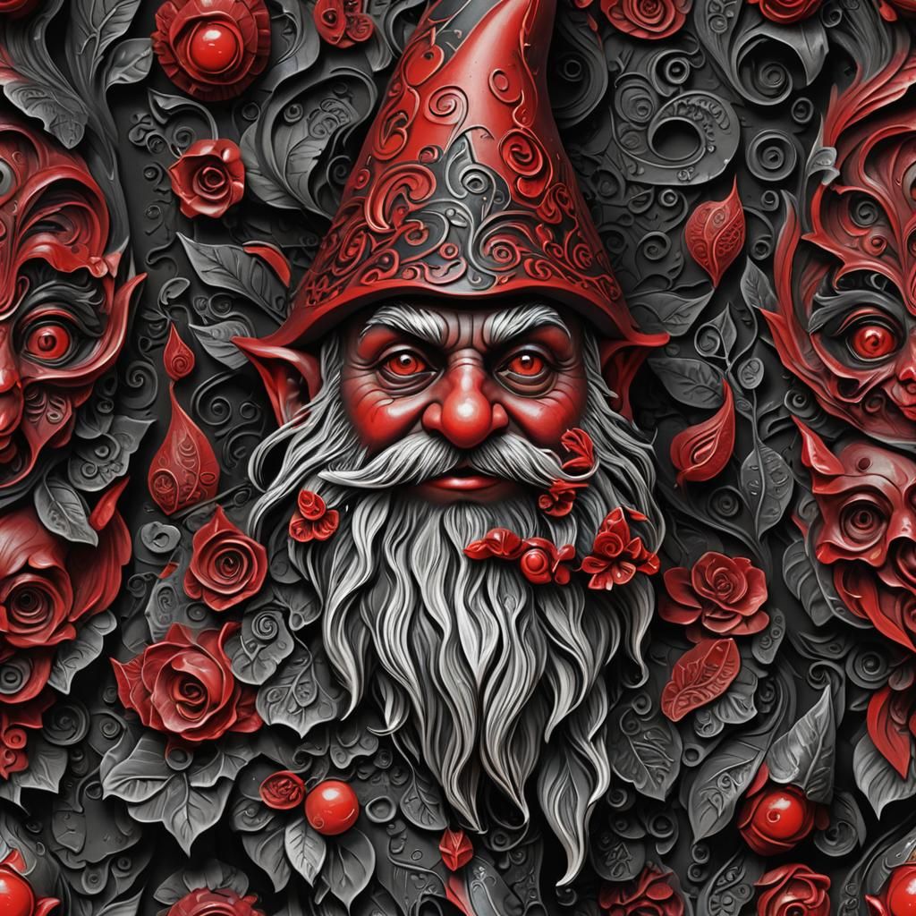 Gnome with Red Eyes and Dark Tattoos